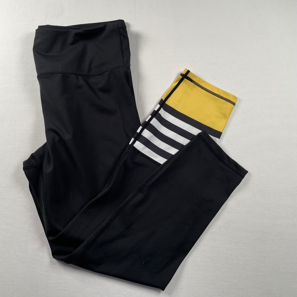 Zyia Active Women Black Yellow Striped Leggings High Waist Crop Yoga Pants 14-16